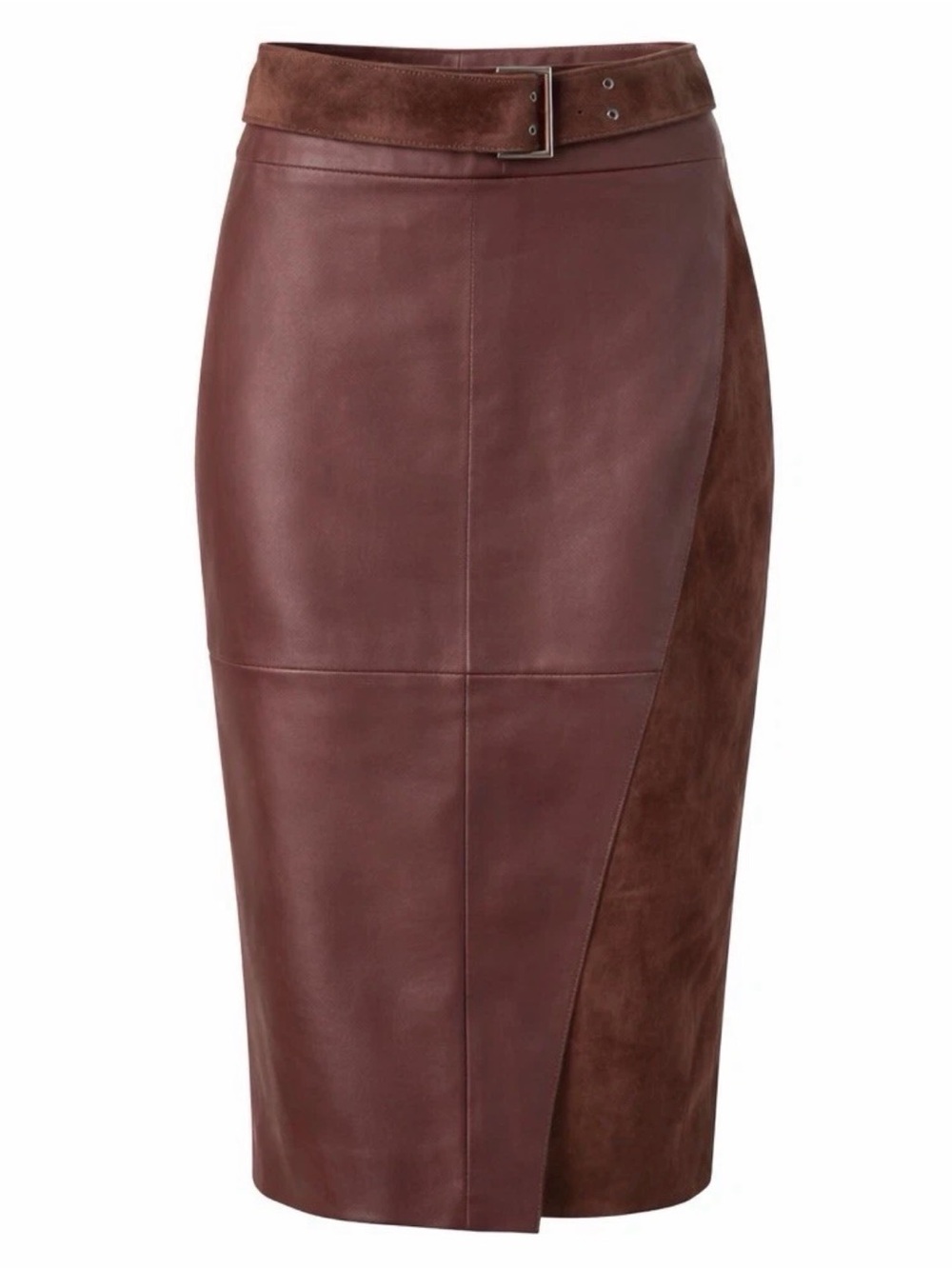 White House Black Market Genuine Leather Pencil Skirt Deep Claret Belted size 0